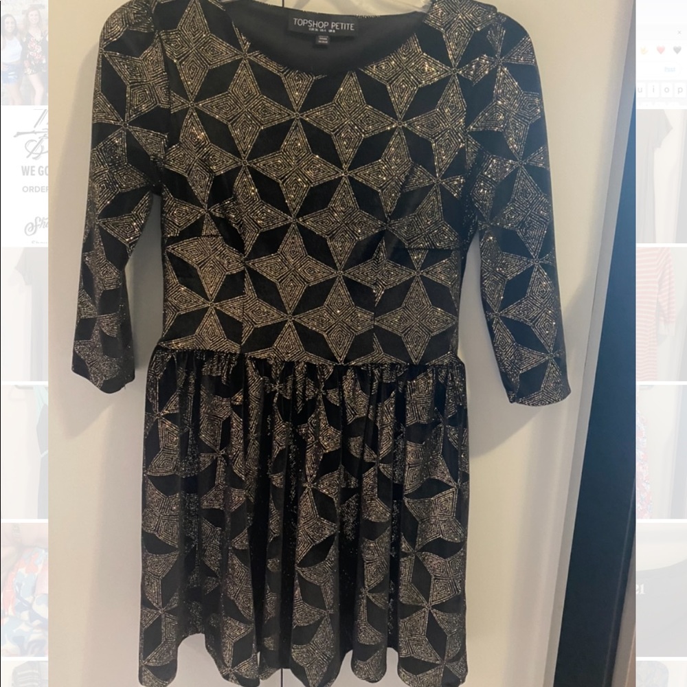Topshop Gold Glitter Black Skater Dress